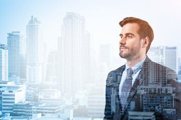 Young handsome businessman in suit thinking how to succeed, new career opportunities, MBA. Bangkok on background. Double exposure.