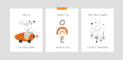 Baby shower print collection. Milestone cards set for nursery. Childish card or poster with little bunny, rainbow and cute cloud. Ideal for kids room decoration, clothing, prints, anniversary