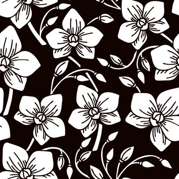 seamless pattern, orchid silhouette in monochrome color, floral ornament for wallpaper and fabric, for cards, banners