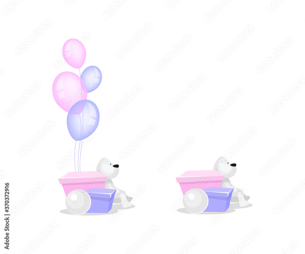 Poster present box with balloons flat color vector objects set