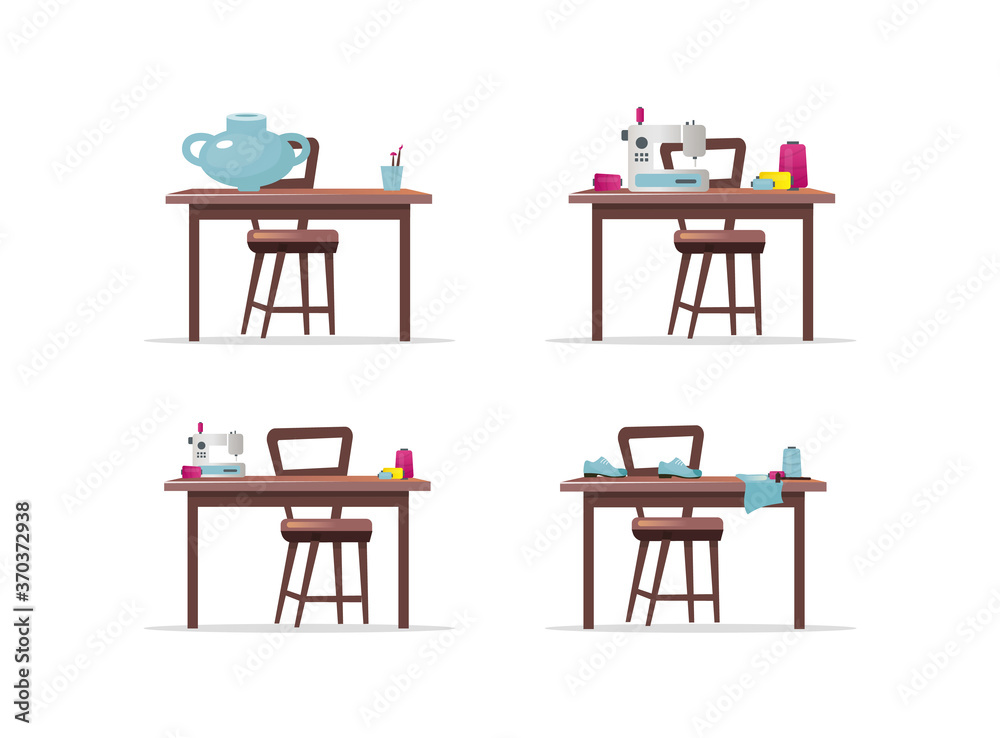 Poster craft work tables flat color vector objects set