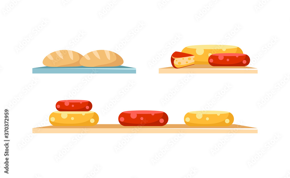 Poster cheese and bread display flat color vector objects set