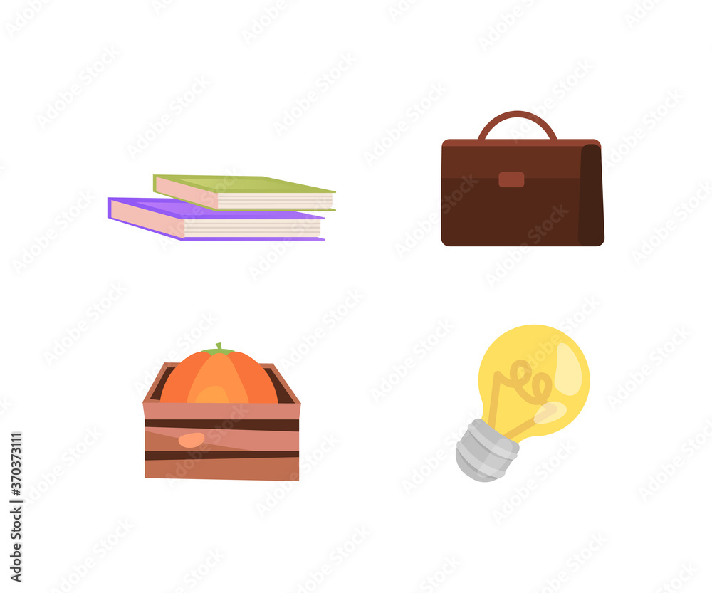 Poster briefcase and books flat color vector objects set