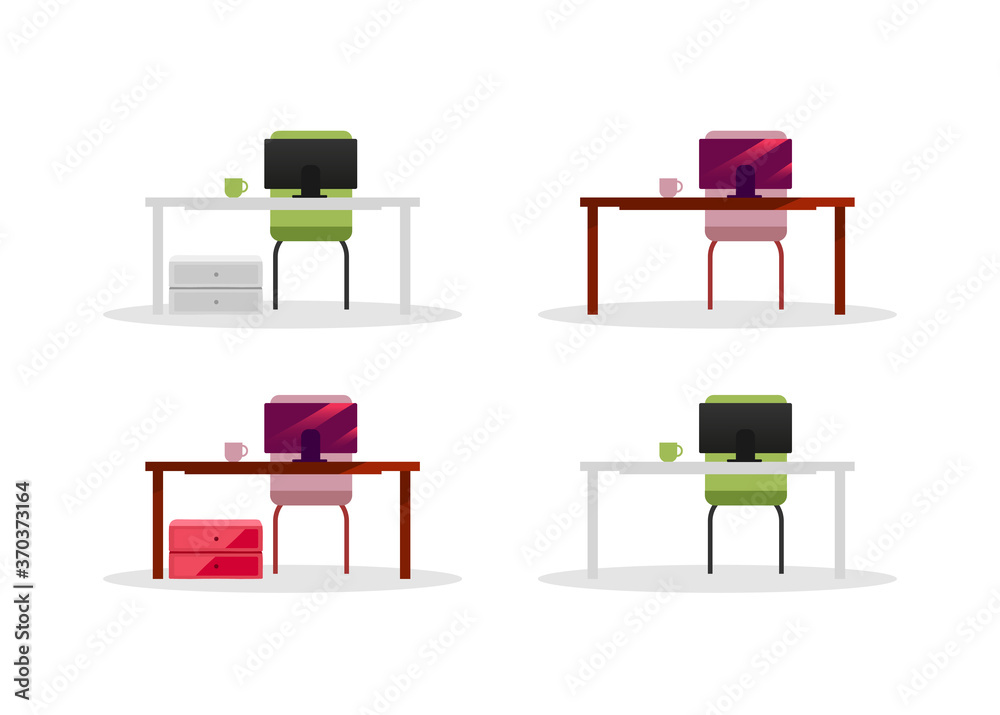Fototapete Office tables with computers flat color vector objects set