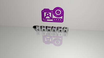 3D graphical image of camera vertically along with text built by metallic cubic letters from the top perspective, excellent for the concept presentation and slideshows. background and beautiful