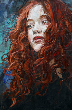  Fiery red curly hair as a waterfall falls from the head of a white-faced girl. Oil on canvas.
