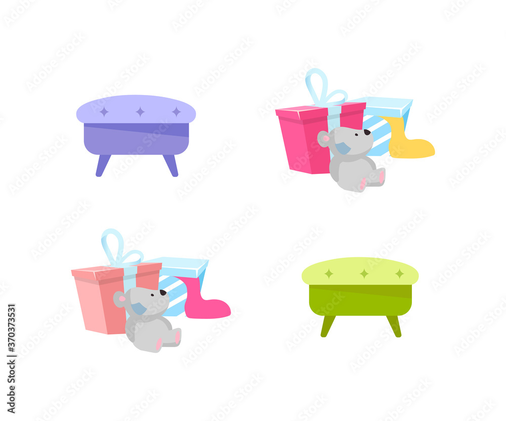 Poster gift boxes and footstools flat color vector objects set