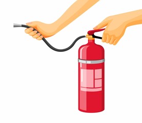 Hand holding fire extinguisher emergency tool in cartoon illustration vector isolated in white background