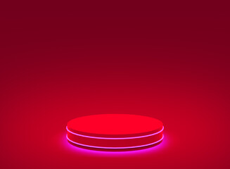 3d red neon light cylinder podium minimal studio red dark background. Abstract 3d geometric shape object illustration render. Display for christmas holiday product.