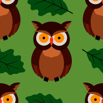 seamless pattern, owl in cartoon style, oak leaf, children's drawing, ornament for wallpaper and fabric, wrapping paper