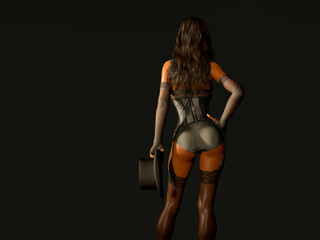 Attractive black woman in cabaret lingerie from back, holding hat. 3D rendering.