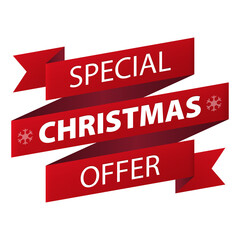 Special Christmas offer red ribbon banner icon isolated on white background. Vector illustration