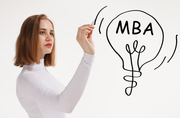 Business, technology, internet and network concept. Young businessman thinks over the steps for successful growth: MBA