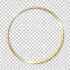 Gold shiny glowing frame isolated on transparent background. Golden circle border.
