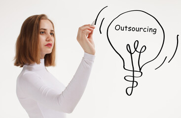Business, technology, internet and network concept. Young businessman thinks over the steps for successful growth: Outsourcing