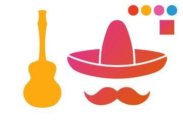 Sombrero hat, mustache, and guitar icons set with gradient color palette. Template for background, banner, card, poster. Vector EPS10 illustration.