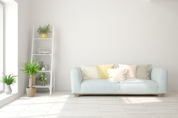 White living room with sofa. Scandinavian interior design. 3D illustration