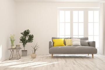 White living room with sofa. Scandinavian interior design. 3D illustration