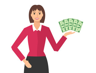 Smiling young woman holding money. Business concept