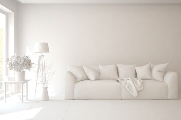 White minimalist living room with sofa. Scandinavian interior design. 3D illustration