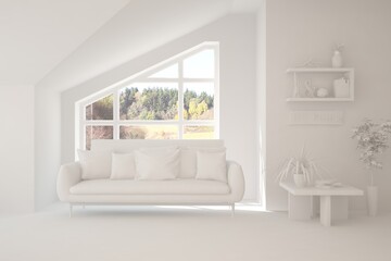 White minimalist living room with sofa. Scandinavian interior design. 3D illustration