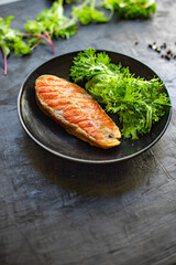 fried salmon steak piece of fillet fish seafood natural product ingredient second course organic eating healthy top view place for text copy space keto or paleo diet raw pescetarian