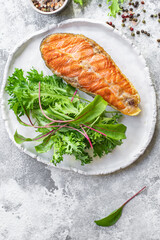 fried salmon steak piece of fillet fish seafood natural product ingredient second course organic eating healthy top view place for text copy space keto or paleo diet raw pescetarian