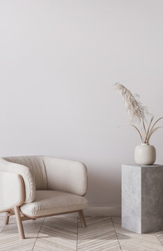 Fototapeta Mockup wall in interior background, room design in light pastel colors, Scandinavian Boho style, 3d render