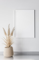 Poster mockup with vertical white frame on modern wall with trendy pampas plant  in rattan basket, Scandinavian interior decoration on white wall background. 3d render
