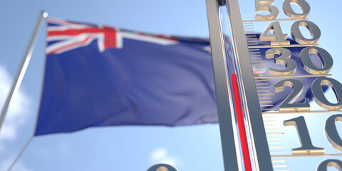 30 degrees centigrade on a thermometer measuring air temperature near flag of New Zealand. Hot weather forecast related 3D rendering