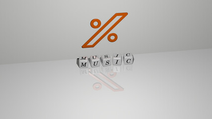 3D illustration of music graphics and text made by metallic dice letters for the related meanings of the concept and presentations. background and design