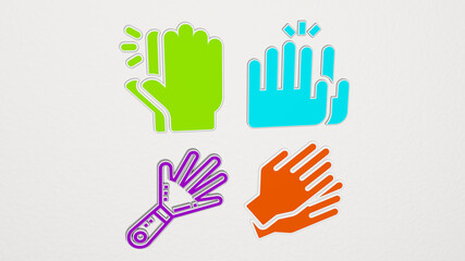 CLAP made by 3D illustration of a shiny metallic sculpture on a wall with light background. hands and cinema