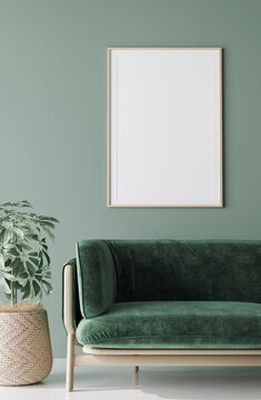 Mock Up Poster In Green Living Room, Scandinavian Home Decor, 3d Render
