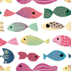 Naklejka premium Children illustration of many different multicolored fish. Seamless pattern underwater animals. Cheerful smiling kind sea creatures swiming. kids textile, print, postcard, wrapping paper, scrapbook