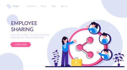 Employee sharing concept. Woman with a briefcase stands near a large Share sign with portraits of people or employees. Modern flat illustration.