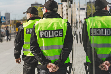 Two police officers in reflective vests patrol the streets of the city