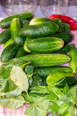 Pickling jars with cucumbers in the process. Pickles for the winter