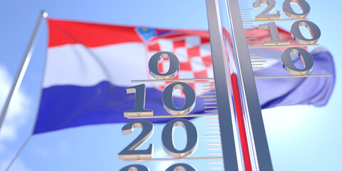 Thermometer shows 0 zero air temperature near waving flag of Croatia. Weather forecast conceptual 3D rendering