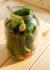 Pickling jars with cucumbers in the process. Pickles for the winter