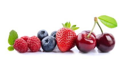  Cherry, raspberry, blueberries, strawberry in close up on white backgrounds.