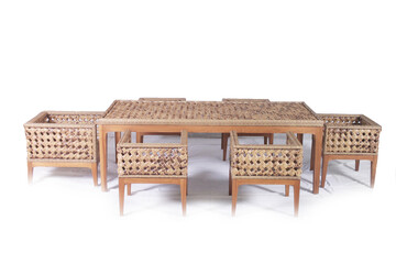 Set Of rattan furniture, 6 of short brown wicker chairs and table with white background for outdoor and lounge
