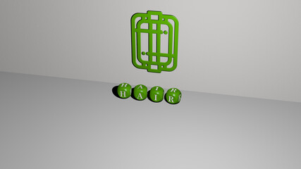 3D illustration of hair graphics and text made by metallic dice letters for the related meanings of the concept and presentations. beautiful and girl