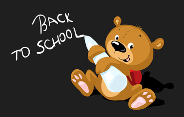 Cute Bear Writing Back to School on Blackboard - Vector Illustration