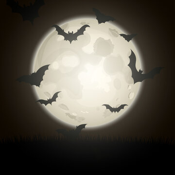 Bat silhouettes on night full moon background.