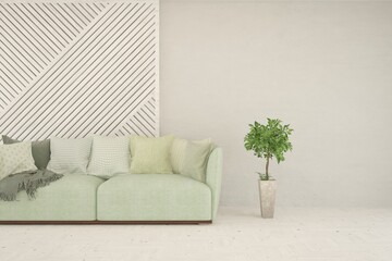 White living room with sofa. Scandinavian interior design. 3D illustration