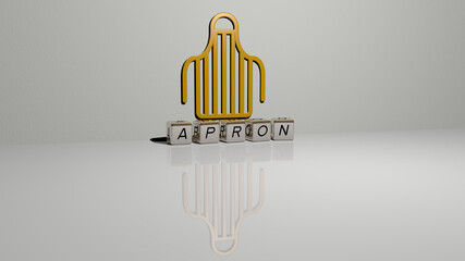 3D representation of apron with icon on the wall and text arranged by metallic cubic letters on a mirror floor for concept meaning and slideshow presentation. background and cooking