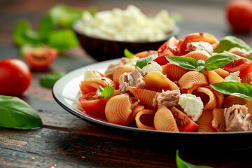 Conchiglie Tuna pasta with tomato sauce, feta cheese and basil on wooden table. healthy food