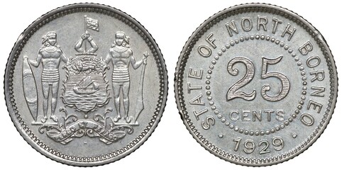 British North Borneo silver coin 25 twenty five cents 1929, shield with supporters, denomination...