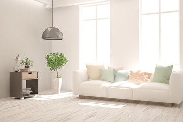White living room with sofa. Scandinavian interior design. 3D illustration