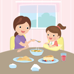 Small caucasian child sits on a highchair. Cartoon Mom feeds the girl healthy food. Breakfast in the kitchen.